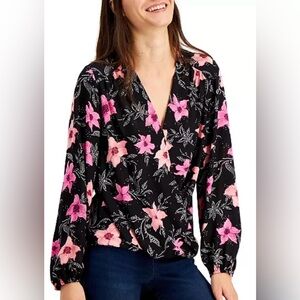INC International Concepts Women’s  Black & Pink Floral LS Top Blouse Size S